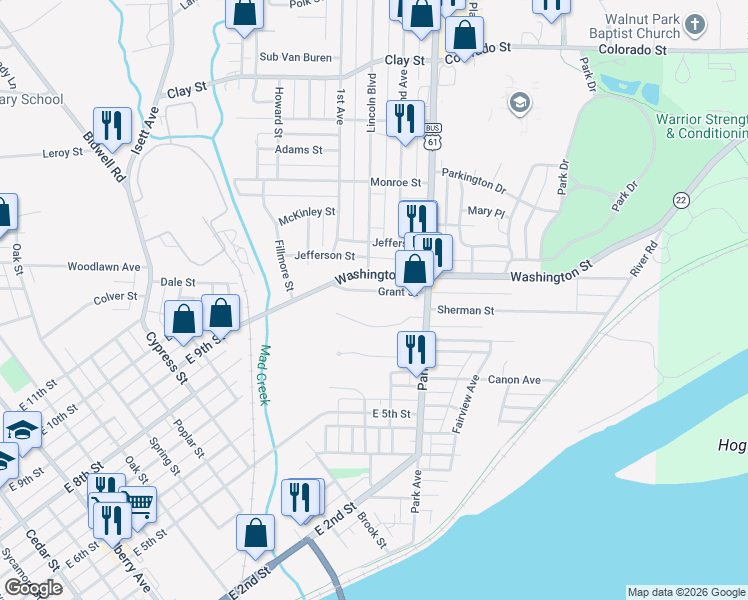map of restaurants, bars, coffee shops, grocery stores, and more near 1532 Grant St in Muscatine