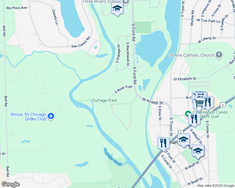 map of restaurants, bars, coffee shops, grocery stores, and more near 24621 South River Trail in Channahon