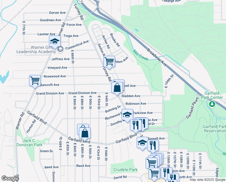 map of restaurants, bars, coffee shops, grocery stores, and more near 4594 Turney Road in Cleveland