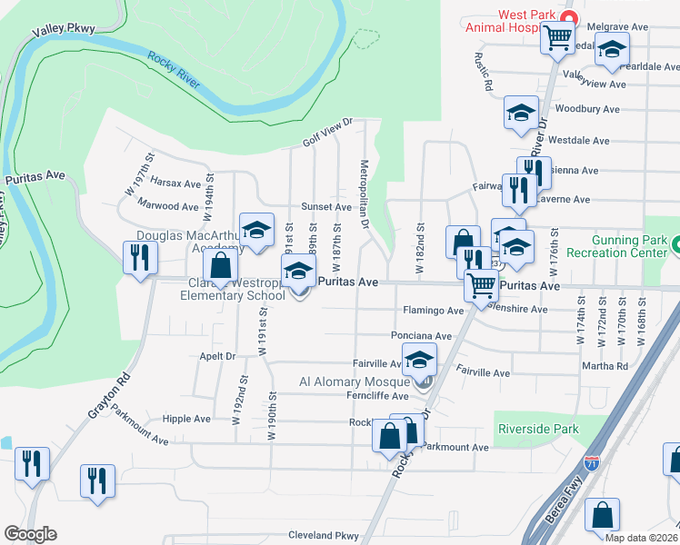 map of restaurants, bars, coffee shops, grocery stores, and more near 18606 Puritas Avenue in Cleveland