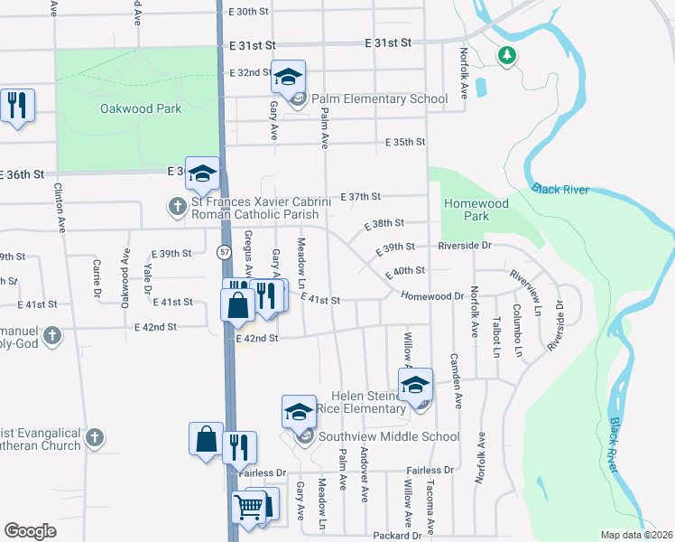 map of restaurants, bars, coffee shops, grocery stores, and more near 3995 Palm Ave in Lorain