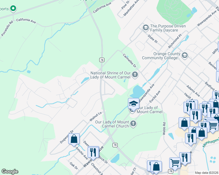 map of restaurants, bars, coffee shops, grocery stores, and more near 21 North Aspen Road in Middletown