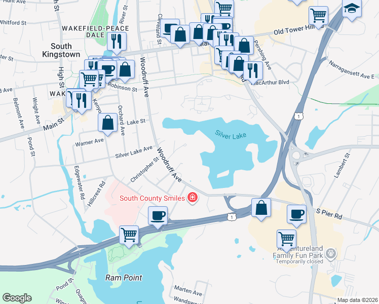map of restaurants, bars, coffee shops, grocery stores, and more near 245 Woodruff Avenue in South Kingstown