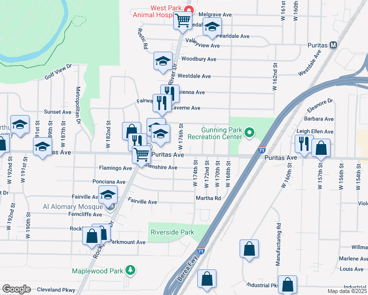 map of restaurants, bars, coffee shops, grocery stores, and more near 4435 W 176th St in Cleveland