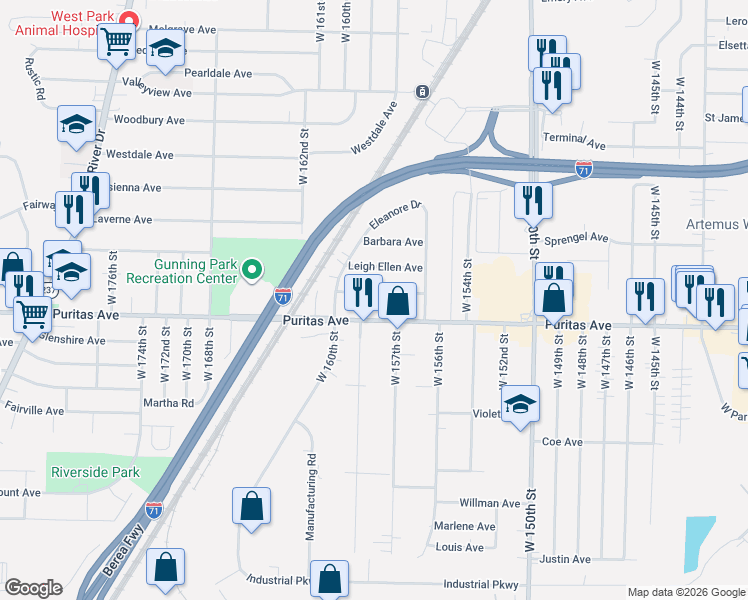 map of restaurants, bars, coffee shops, grocery stores, and more near 15737 Mina Avenue in Cleveland