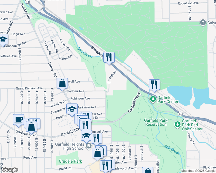 map of restaurants, bars, coffee shops, grocery stores, and more near 4590 East 104th Street in Garfield Heights