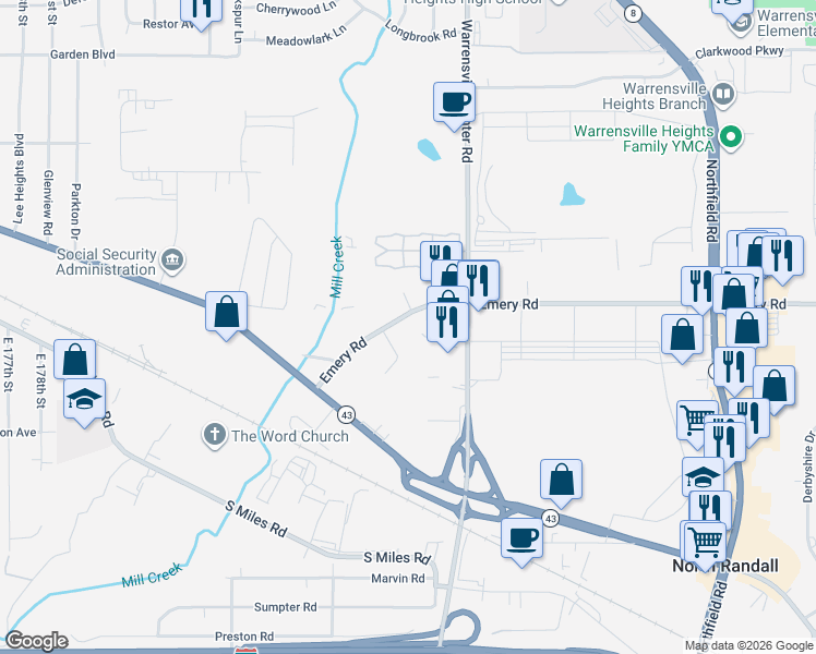 map of restaurants, bars, coffee shops, grocery stores, and more near 20286 Emery Road in North Randall