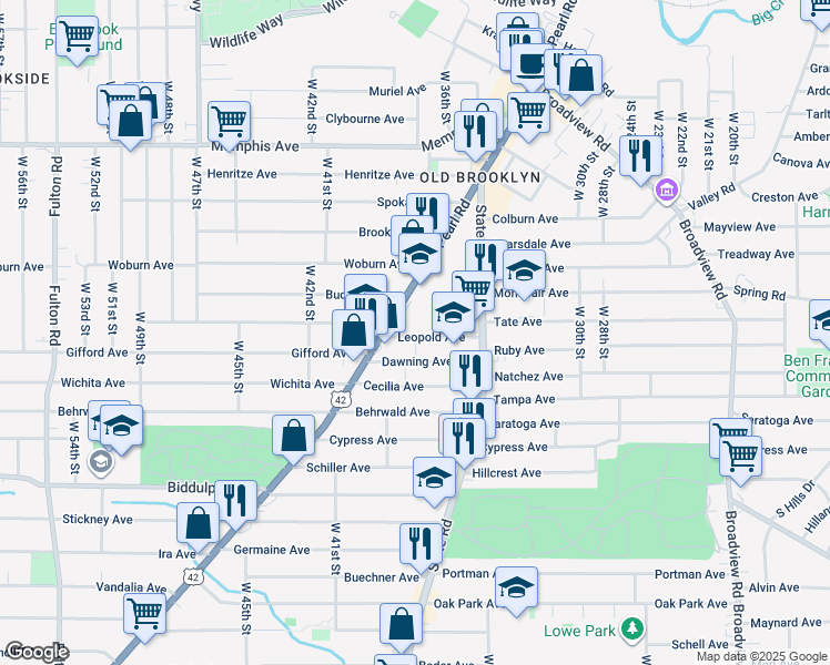 map of restaurants, bars, coffee shops, grocery stores, and more near 3800 Leopold Avenue in Cleveland