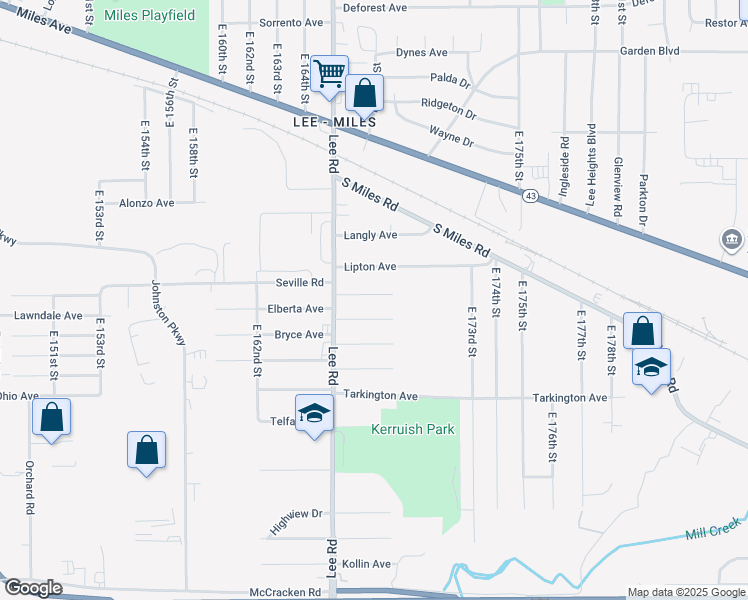 map of restaurants, bars, coffee shops, grocery stores, and more near 16712 Meadowvale Avenue in Cleveland