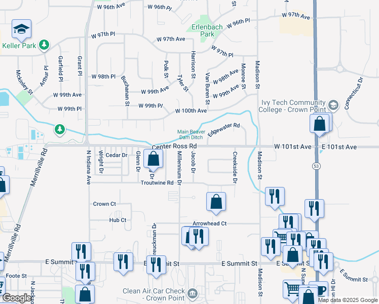map of restaurants, bars, coffee shops, grocery stores, and more near 1377 Jacob Drive in Crown Point