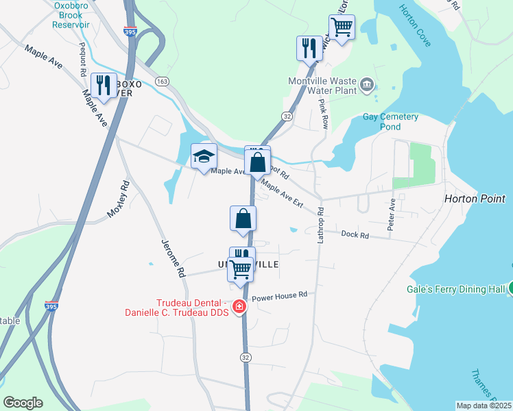 map of restaurants, bars, coffee shops, grocery stores, and more near 281 Connecticut 32 in Montville
