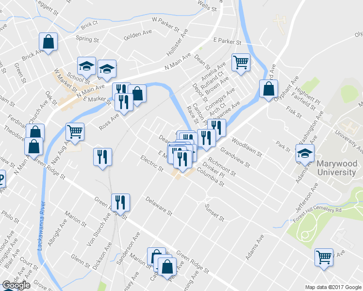 map of restaurants, bars, coffee shops, grocery stores, and more near 621 Deacon St in Scranton