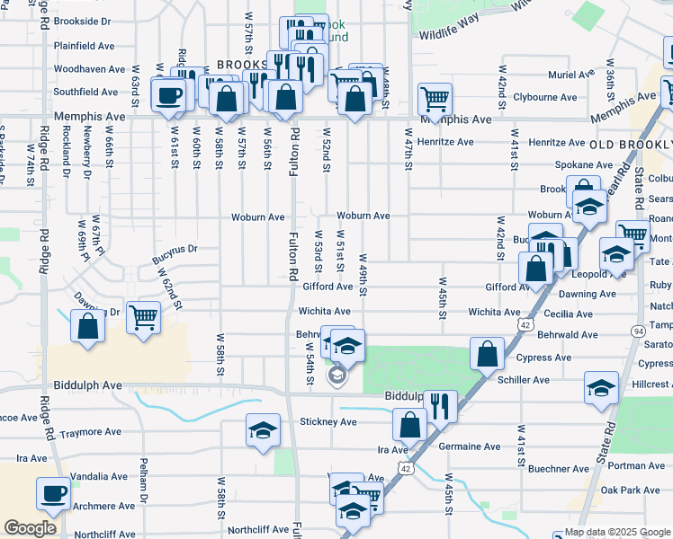 map of restaurants, bars, coffee shops, grocery stores, and more near 4480 West 51st Street in Cleveland