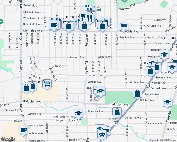 map of restaurants, bars, coffee shops, grocery stores, and more near 4479 Fulton Road in Cleveland