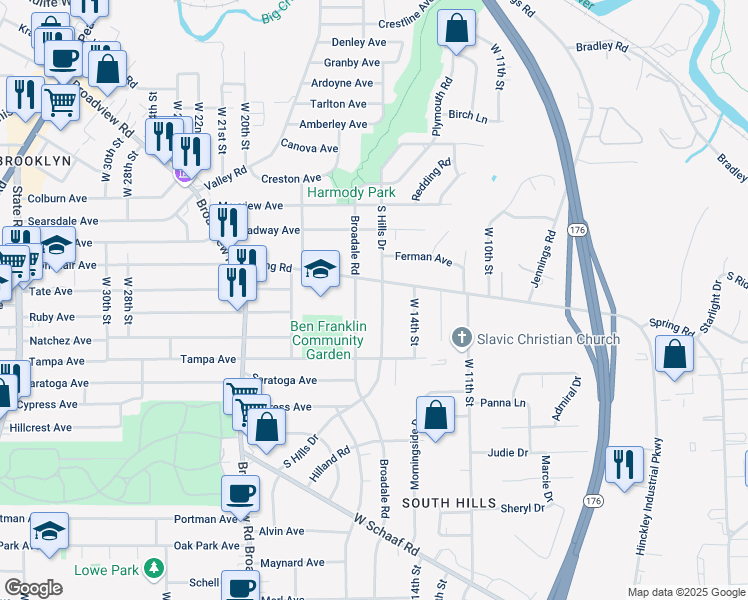 map of restaurants, bars, coffee shops, grocery stores, and more near 4462 S Hills Dr in Cleveland