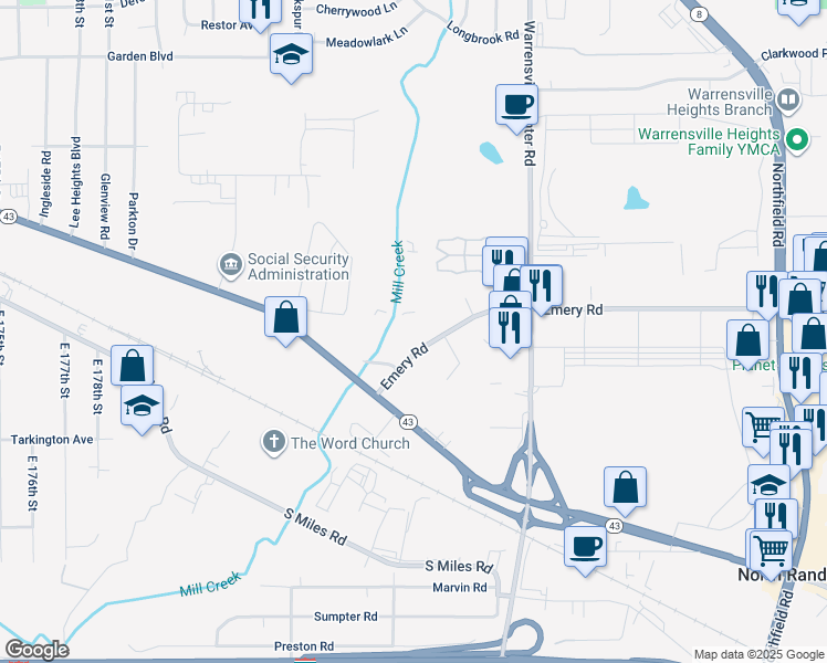 map of restaurants, bars, coffee shops, grocery stores, and more near 20265 Emery Road in North Randall