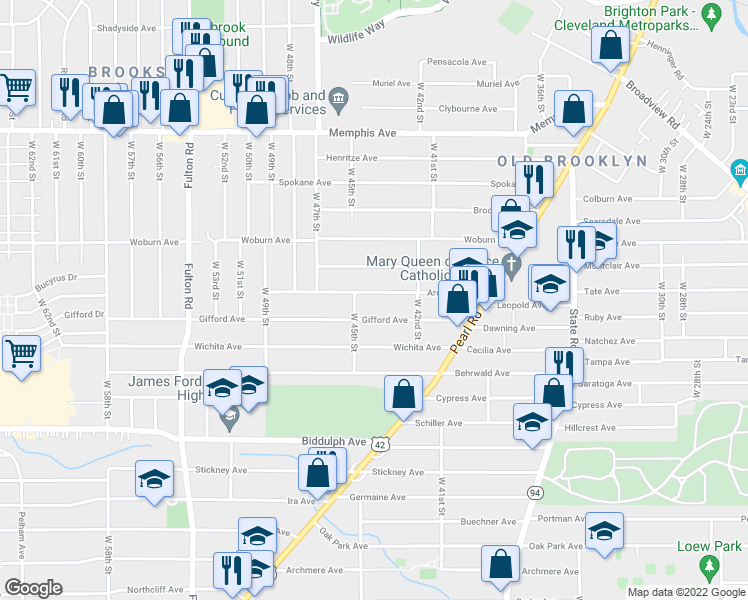 map of restaurants, bars, coffee shops, grocery stores, and more near 4325 Ardmore Avenue in Cleveland