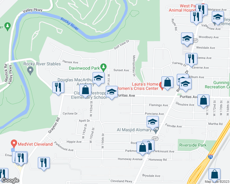 map of restaurants, bars, coffee shops, grocery stores, and more near 18902 Puritas Avenue in Cleveland