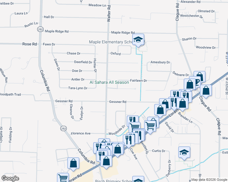 map of restaurants, bars, coffee shops, grocery stores, and more near 24411 Woodmere Drive in North Olmsted