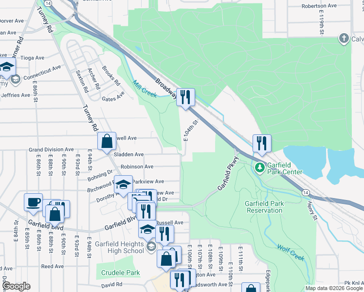 map of restaurants, bars, coffee shops, grocery stores, and more near 4590 East 104th Street in Garfield Heights