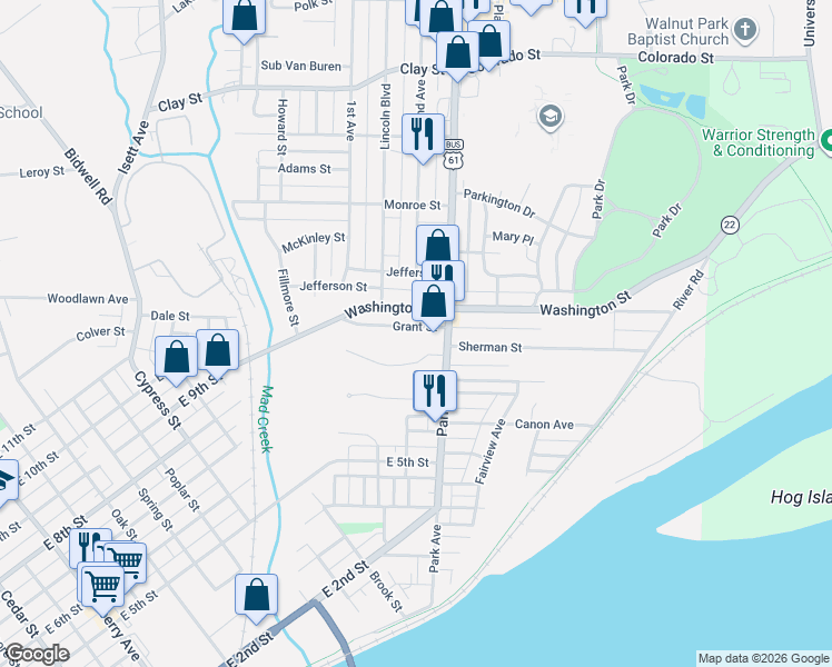 map of restaurants, bars, coffee shops, grocery stores, and more near 1548 Grant Street in Muscatine