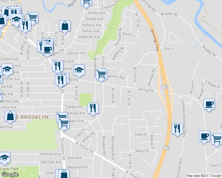 map of restaurants, bars, coffee shops, grocery stores, and more near 4462 W 14th St in Cleveland