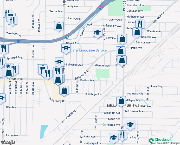 map of restaurants, bars, coffee shops, grocery stores, and more near 13609 Bellaire Road in Cleveland