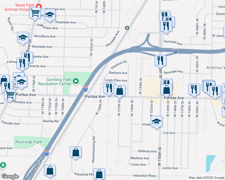 map of restaurants, bars, coffee shops, grocery stores, and more near 15737 Mina Avenue in Cleveland