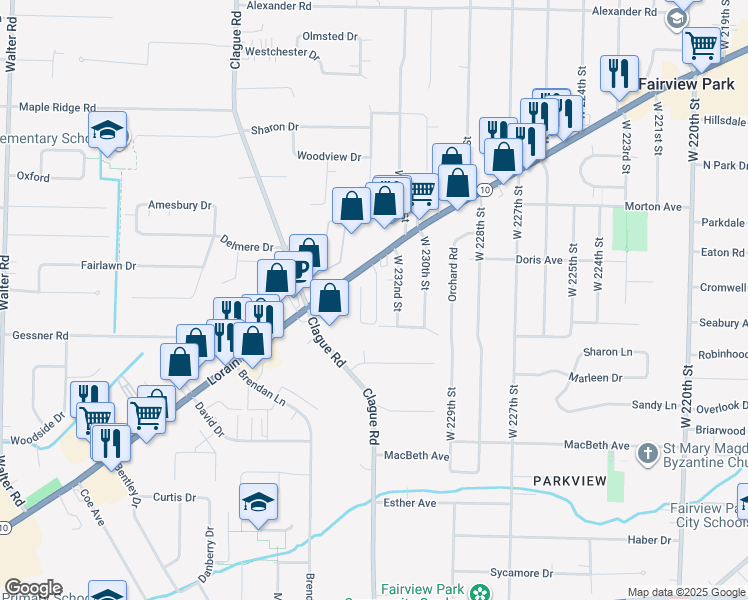 map of restaurants, bars, coffee shops, grocery stores, and more near 23225 Lorain Road in North Olmsted