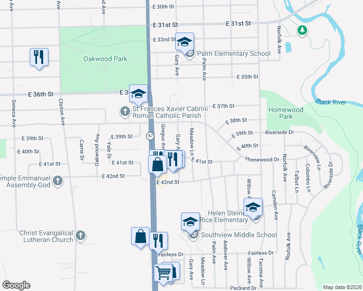 map of restaurants, bars, coffee shops, grocery stores, and more near 3982 Gary Avenue in Lorain