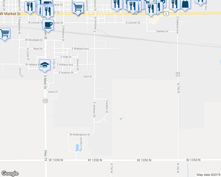 map of restaurants, bars, coffee shops, grocery stores, and more near 216 Stonewall Court in Nappanee