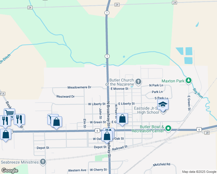 map of restaurants, bars, coffee shops, grocery stores, and more near 35 East Monroe Street in Butler