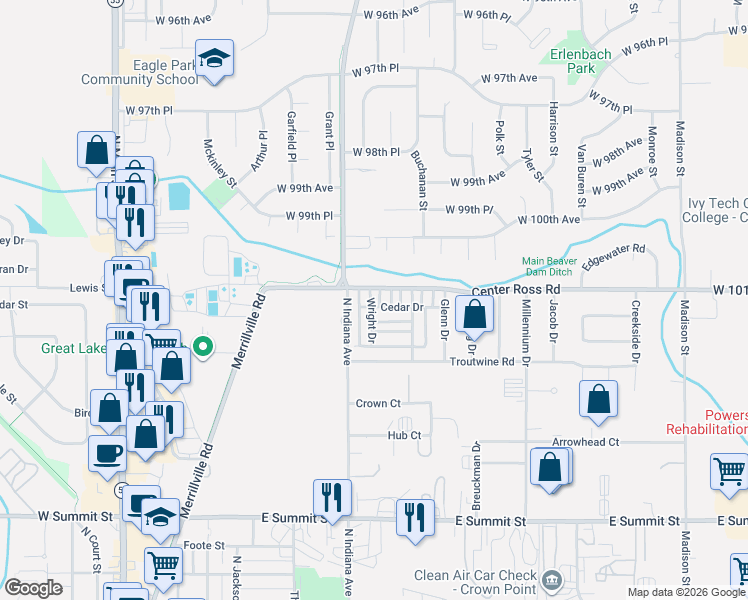 map of restaurants, bars, coffee shops, grocery stores, and more near 1342 Lehman Drive in Crown Point