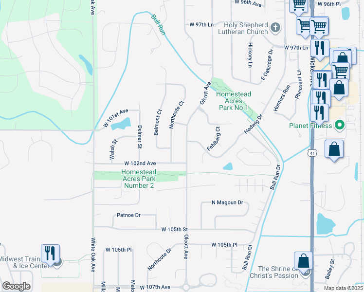 map of restaurants, bars, coffee shops, grocery stores, and more near 10154 Olcott Avenue in St. John