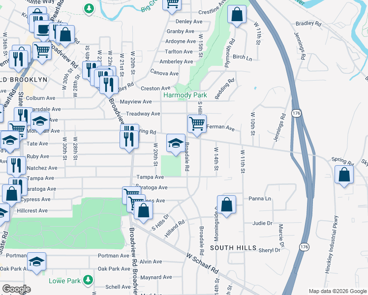 map of restaurants, bars, coffee shops, grocery stores, and more near 4464 Broadale Road in Cleveland