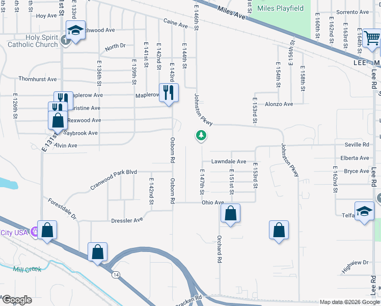 map of restaurants, bars, coffee shops, grocery stores, and more near 4595 East 144th Street in Cleveland