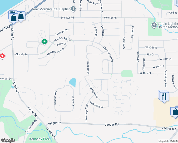 map of restaurants, bars, coffee shops, grocery stores, and more near 3775 Courtyard Drive in Lorain