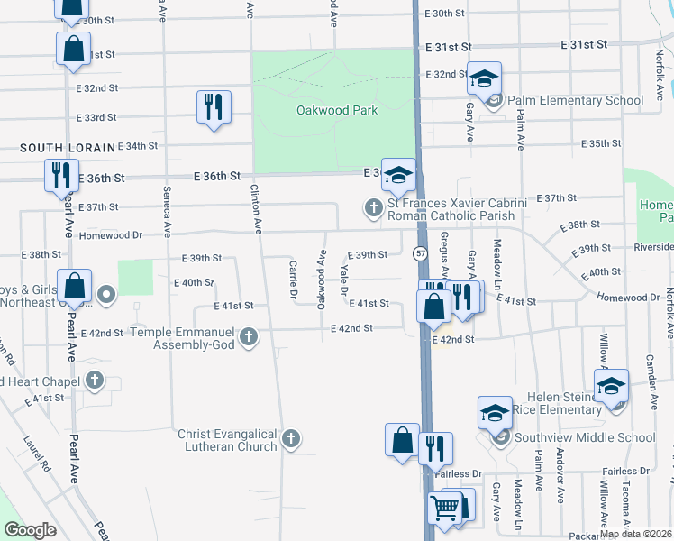 map of restaurants, bars, coffee shops, grocery stores, and more near 3916 Yale Drive in Lorain