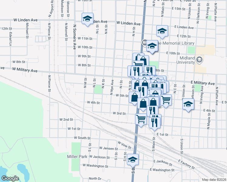 map of restaurants, bars, coffee shops, grocery stores, and more near 520 North Nye Avenue in Fremont