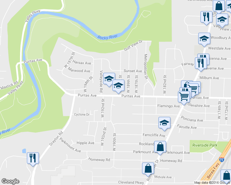 map of restaurants, bars, coffee shops, grocery stores, and more near 19108 Puritas Avenue in Cleveland