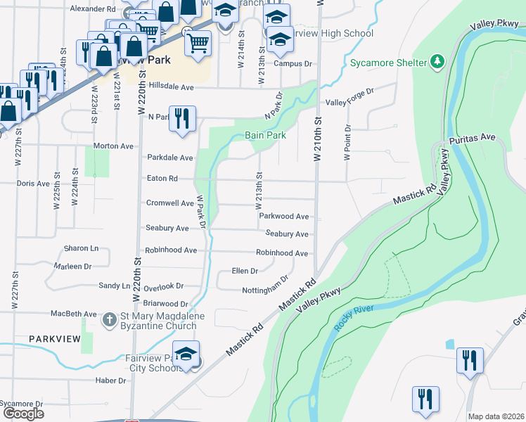 map of restaurants, bars, coffee shops, grocery stores, and more near 21290 Parkwood Avenue in Fairview Park