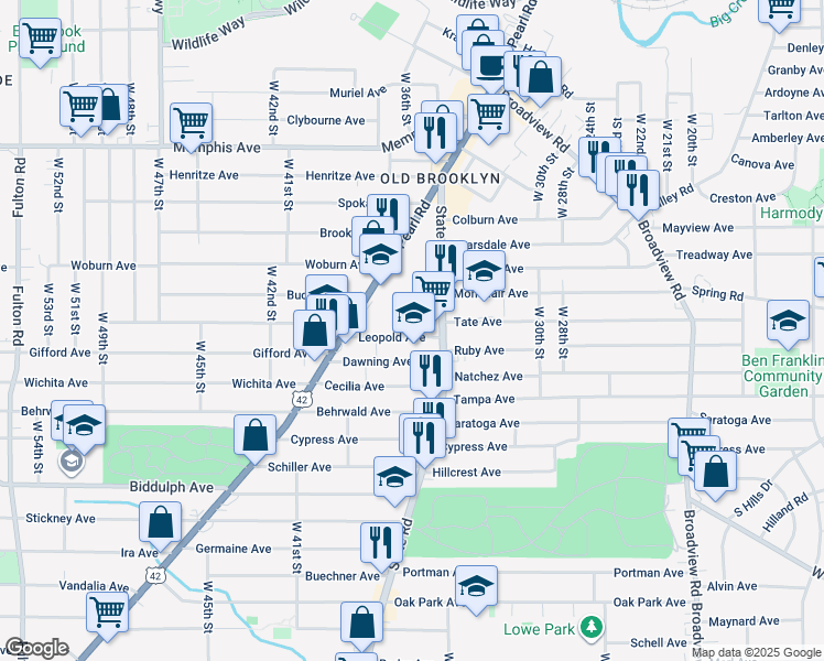 map of restaurants, bars, coffee shops, grocery stores, and more near 3610 Leopold Avenue in Cleveland