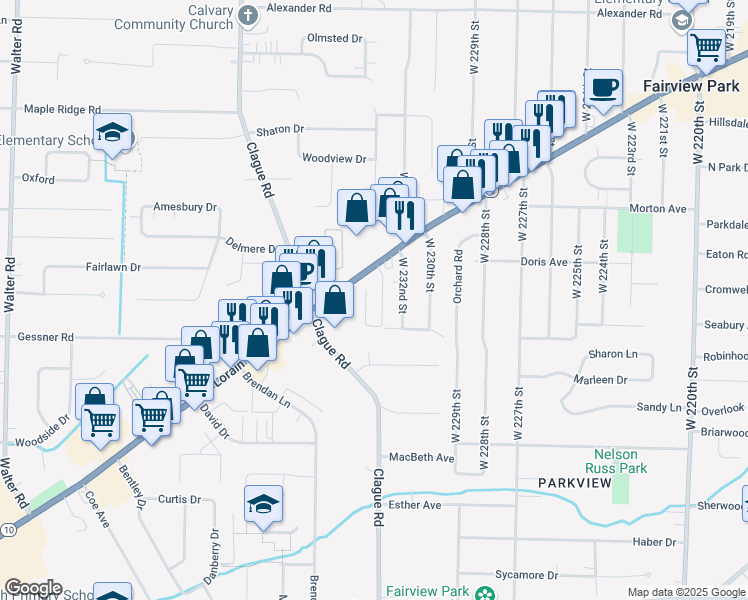 map of restaurants, bars, coffee shops, grocery stores, and more near 23225 Lorain Road in North Olmsted