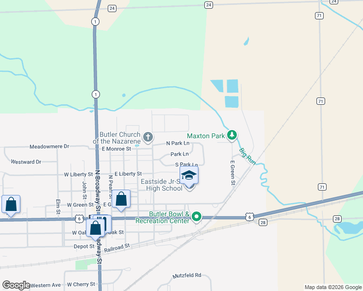 map of restaurants, bars, coffee shops, grocery stores, and more near 332 North Park Lane in Butler