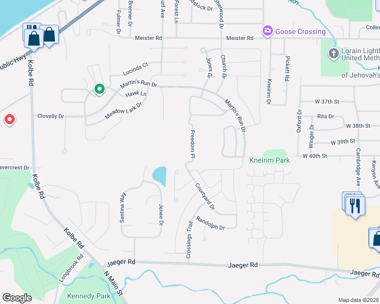 map of restaurants, bars, coffee shops, grocery stores, and more near 3775 Courtyard Drive in Lorain