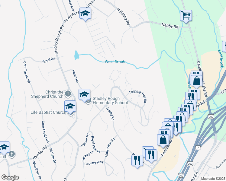 map of restaurants, bars, coffee shops, grocery stores, and more near 104 Logging Trail Road in Danbury