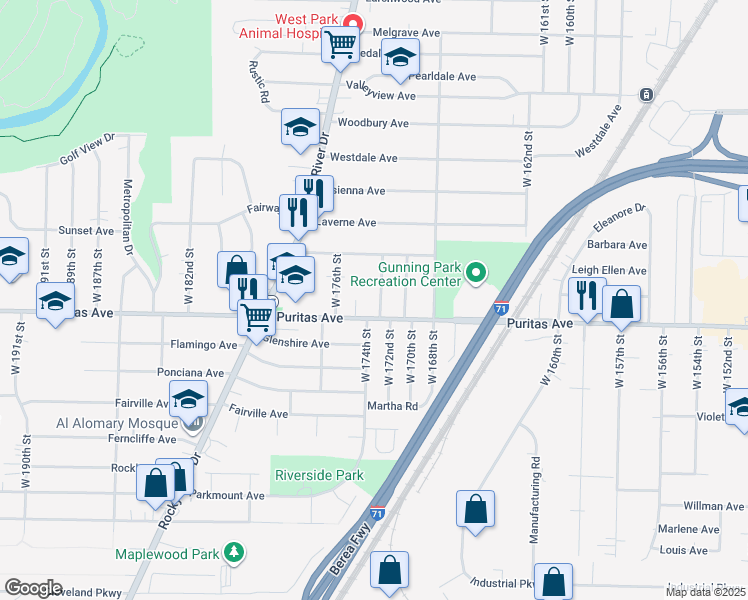 map of restaurants, bars, coffee shops, grocery stores, and more near 4412 West 173rd Street in Cleveland