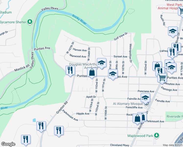 map of restaurants, bars, coffee shops, grocery stores, and more near 19310 Puritas Avenue in Cleveland