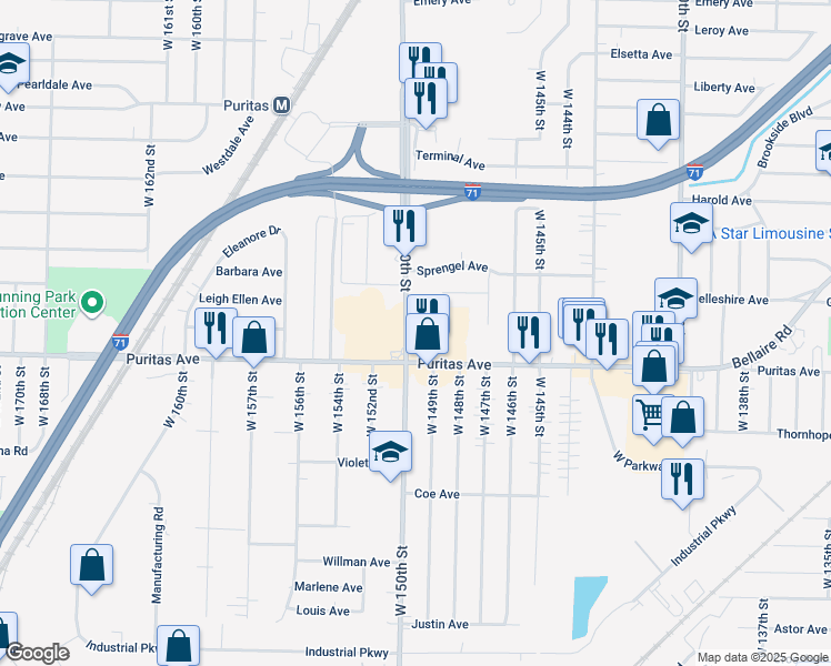 map of restaurants, bars, coffee shops, grocery stores, and more near 4409 West 150th Street in Cleveland