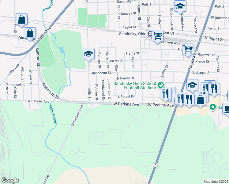 map of restaurants, bars, coffee shops, grocery stores, and more near 2131 East Forest Drive in Sandusky